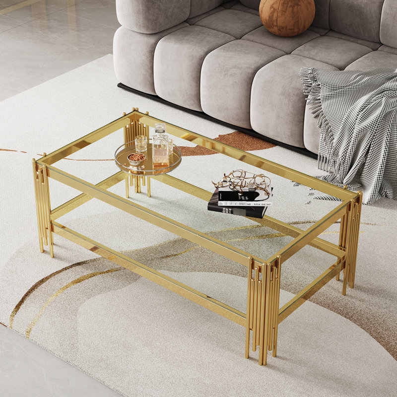 Table basse à double couche en verre trempé, structure en métal doré, capacité de rangement supplémentaire, facile à nettoyer, guide d'installation simple