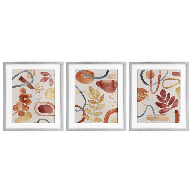 "Natural Abstract & Leaves Organics", ensemble de 3 reproductions encadrées sous verre, par Camila Juncos, H 16 po x l 13 po