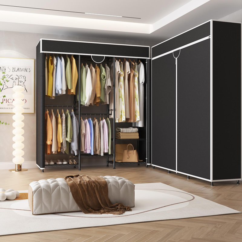Armoire-penderie portative robuste, portemanteau 70,87 po avec couvercle, capacité de 1 100 lb, réglable, acier au carbone, noir