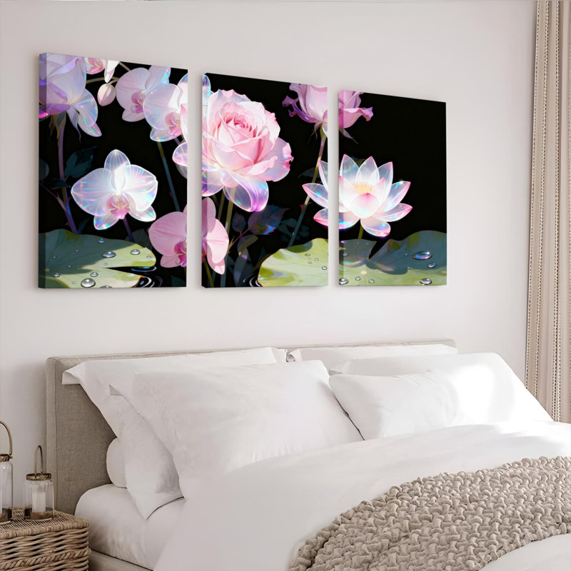 Ensemble de 3 toiles murales à motifs floraux de roses roses et d'orchidées, H 18 po x l 36 po