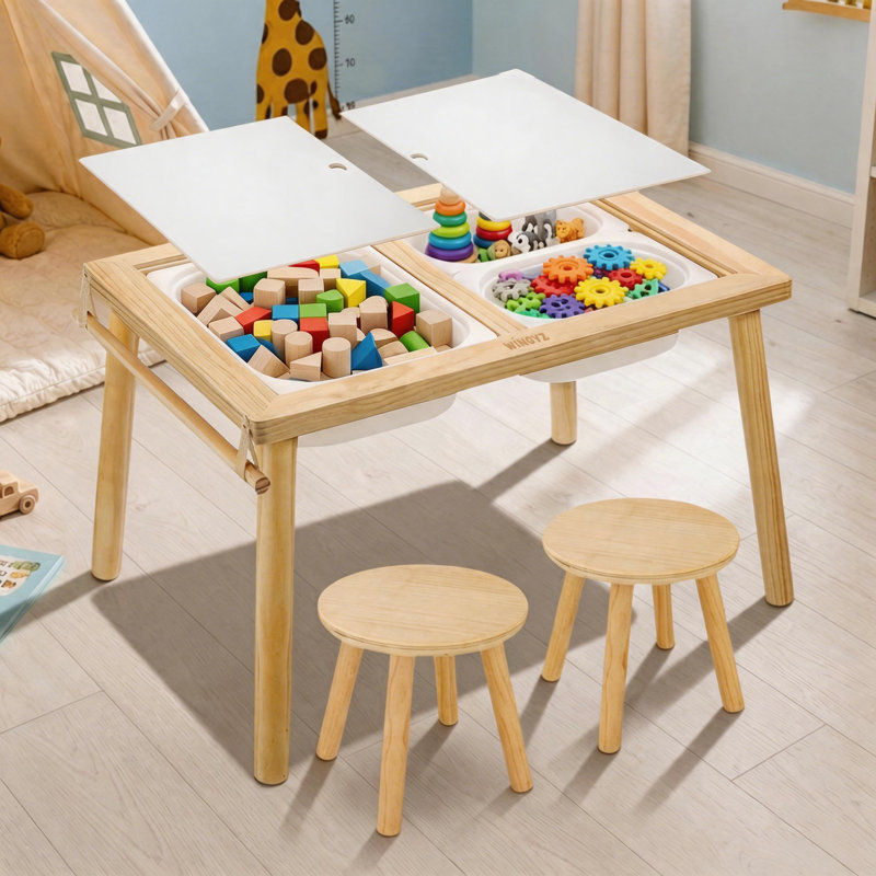 Ensemble de table sensorielle et de chaise pour enfants avec 3 bacs de rangement et 1 rouleau de papier - Table d'activité en bois massif avec 2 tabourets pour jouer, étudier et créer