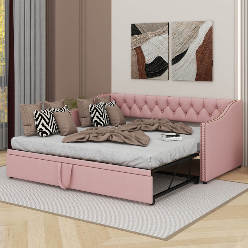 Twin Size Upholstered Daybed With Trundle, Pink