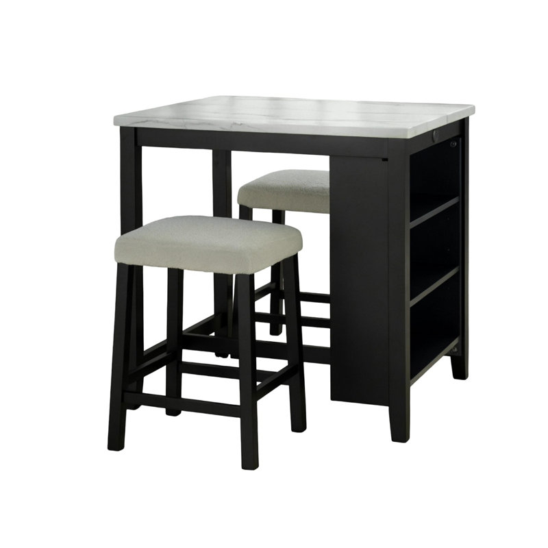 Dining Room Transitional 3Pc Dining Set Gloss Table Top W Storage Shelves Side 2X Stools Black Ivory White