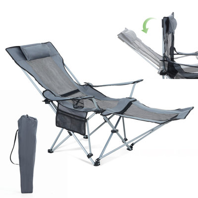 Reclining Camping Chair, Portable Lounge Chair with Footrest, Headrest, Storage Bag & Cup Holder