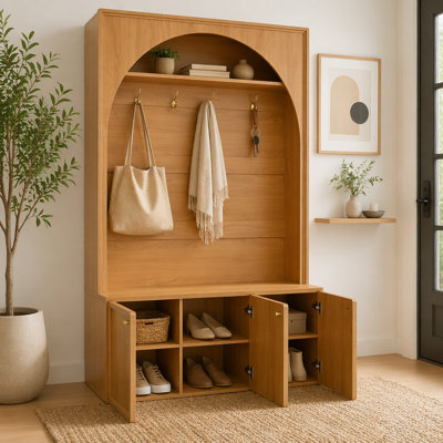 Arbre d'entrée tout-en-un avec tablettes réglables, banc de rangement pour hall d'entrée arqué rétro avec 3 armoires