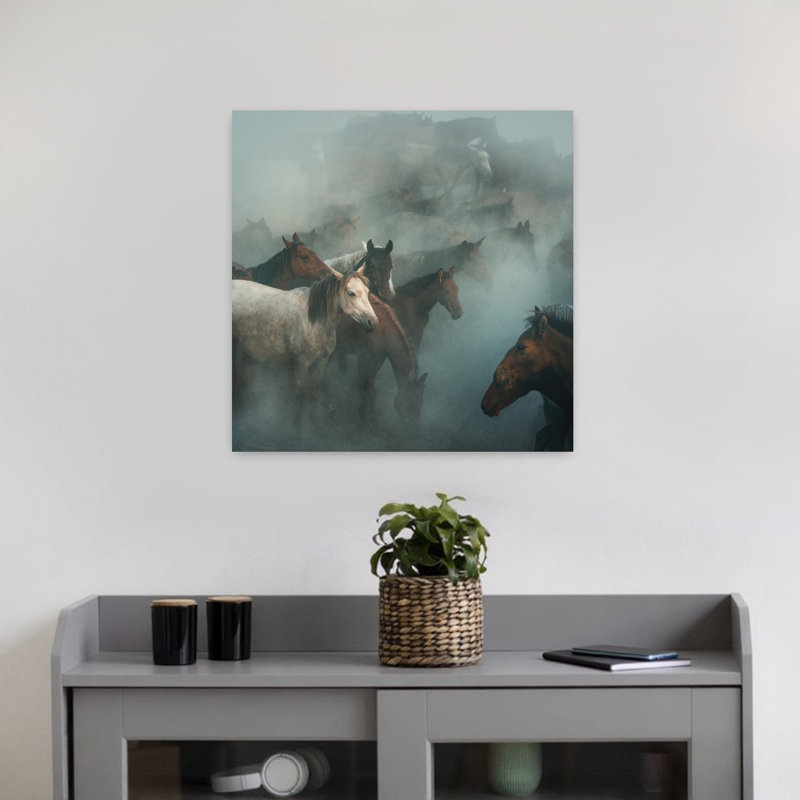 Art sauvage, chevaux sauvages dans la poussière, H 18 po x l 18 po