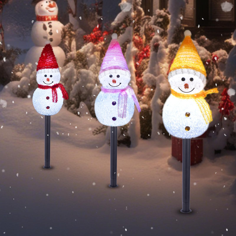 Set of 3 Solar LED Snowman Pathway Lights - Waterproof Christmas Decorations