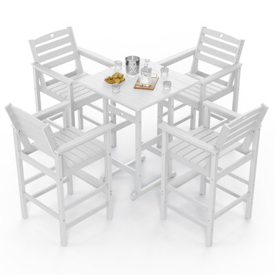5-Piece Bar Height Outdoor Table and Chairs Set HDPE Wood Grain Patio Bar Table and Chairs with Heart Cutout Design