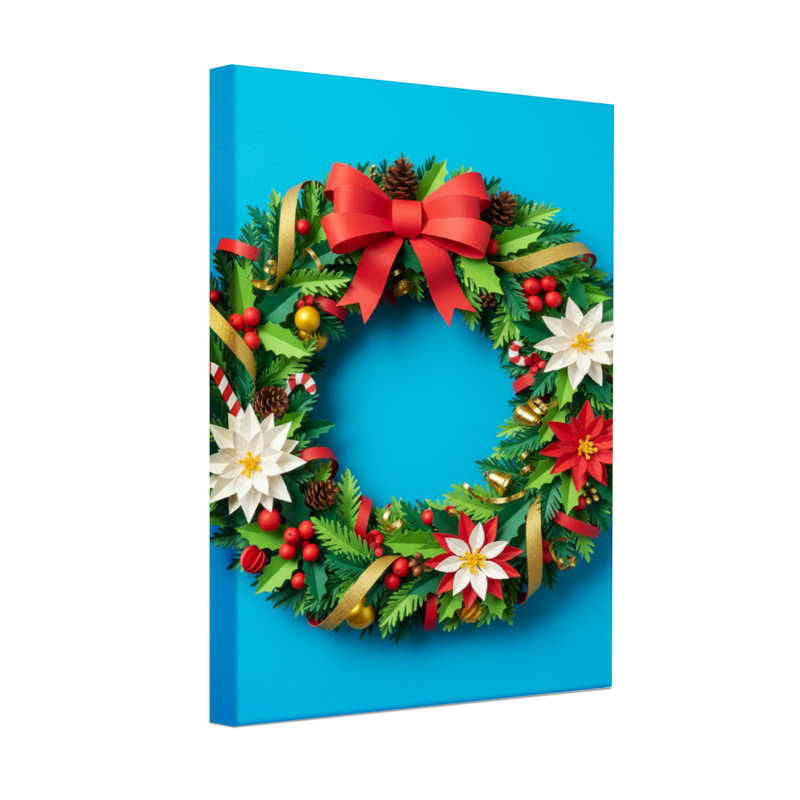 Couronne de Noël avec un arc rouge et des fleurs, H 36 po x l 24 po