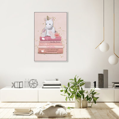 Fantaisie et science-fiction licorne en peluche et livres, rose glamour - impression sur toile