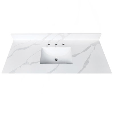 Bathroom Vanity Top 49-inch Quartz , 3/4" Thick with Undermount Single Bowl Middle Sink, 4 Inch High Backsplash, 3 Pre-Drilled Faucet Hole, Stain & Heat Resistant, Carrara White Quartz with Veins