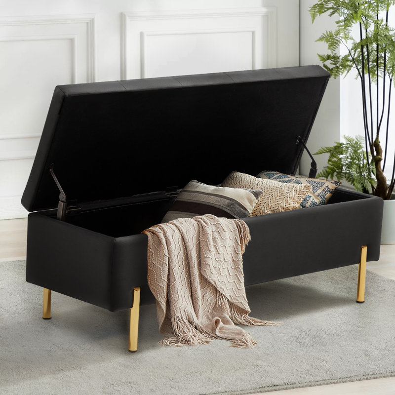 Velvet Storage Bench Ottoman,Versatile Seating With Hidden Storage,End Of Bed Bench,Tufted Bench With Storage, Black