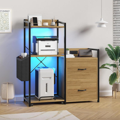 2-Drawer File Cabinet with Power Strip & LED Lights, Multi-Function Printer Stand for Home Office