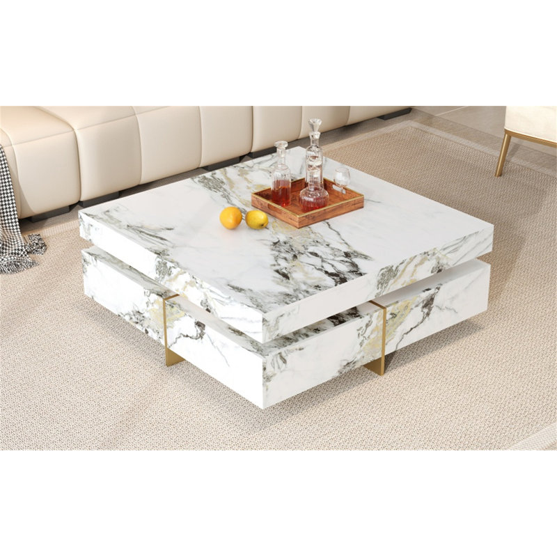 Table basse moderne carrée texturée en marbre avec 4 tiroirs et base suspendue, blanc, 43,3 po