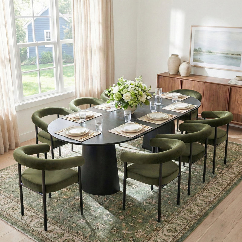46"–83" Modern Extendable Dining Set With Dual Pedestal Base & Velvet Upholstered Arm Chairs, 7 Pieces: Table, 6 Chairs