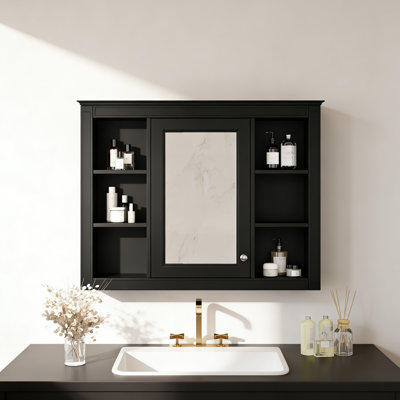 Armoire à pharmacie, armoire de rangement murale pour salle de bain, armoire murale moderne avec miroir, armoire à miroir avec 6 tablettes ouvertes, meuble-lavabo non inclus