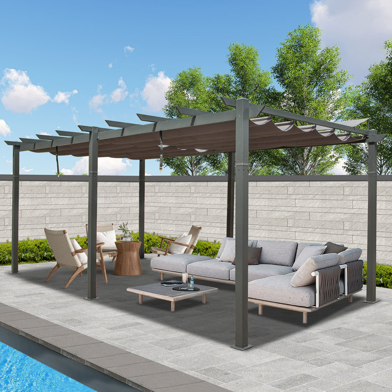 Outdoor Aluminum Retractable Pergola with Canopy, 20 ft x 11 ft, Gray Brown