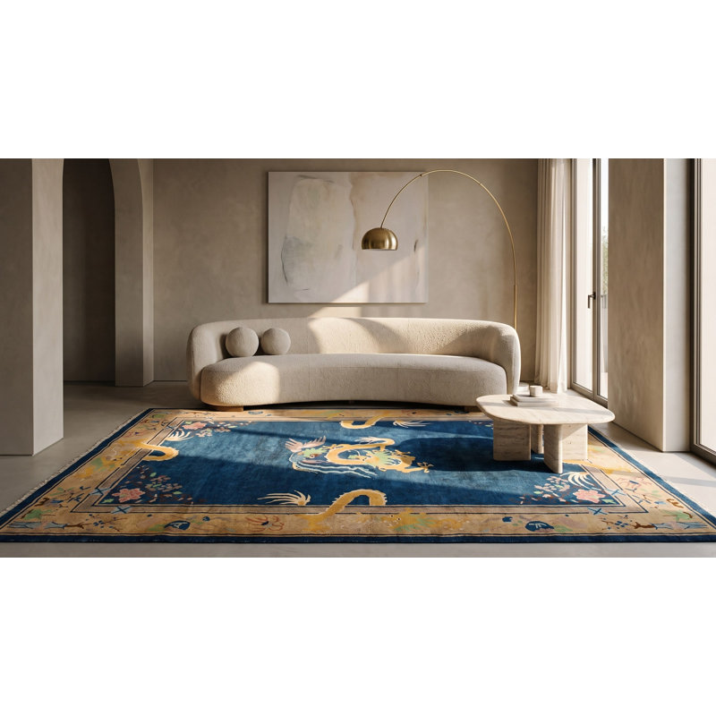 Blue Background Antique Art Deco Chinese Dragon Design Area Rug