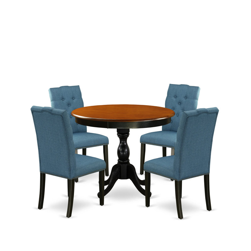 5-Piece Kitchen Dining Table Set Includes a Round Dining Table and 4 Blue Linen Fabric Kitchen Chairs with Button Tufted Back - Black Finish
