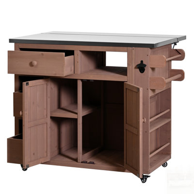 Outdoor Solid Wood Extendable Kitchen Island, Stainless Steel Top Grill Table With Storage