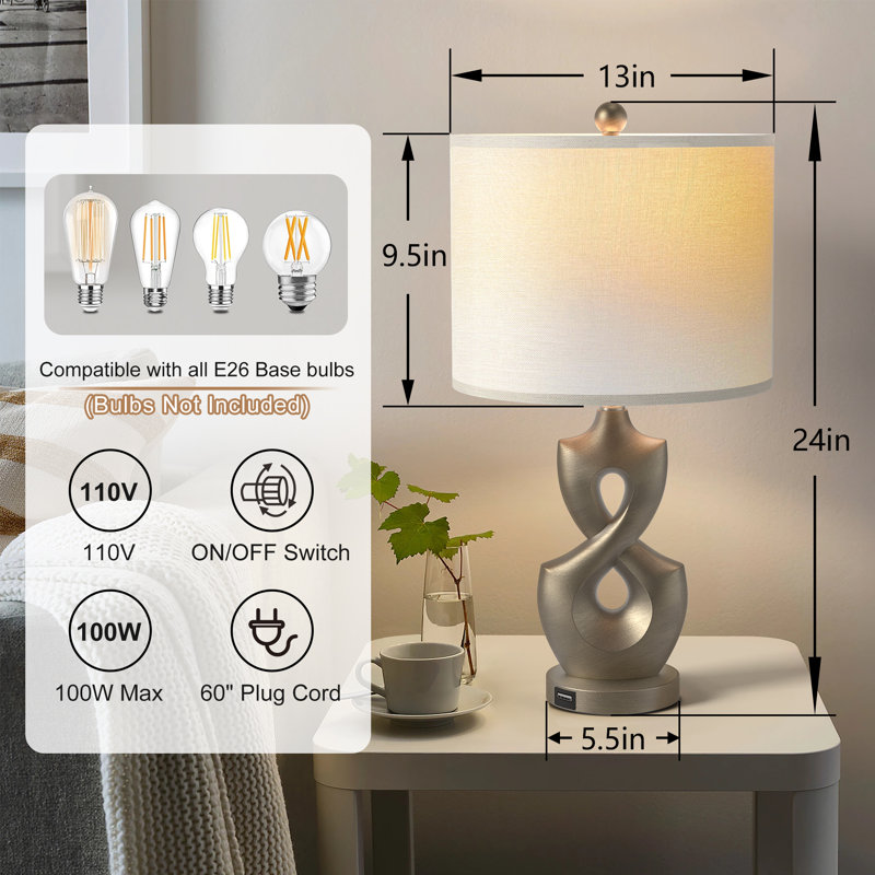 Aliya 24,5 po Moderne Dimmable Résine Chambre Salon Table de chevet Bureau Table de chevet avec port USB, Gris
