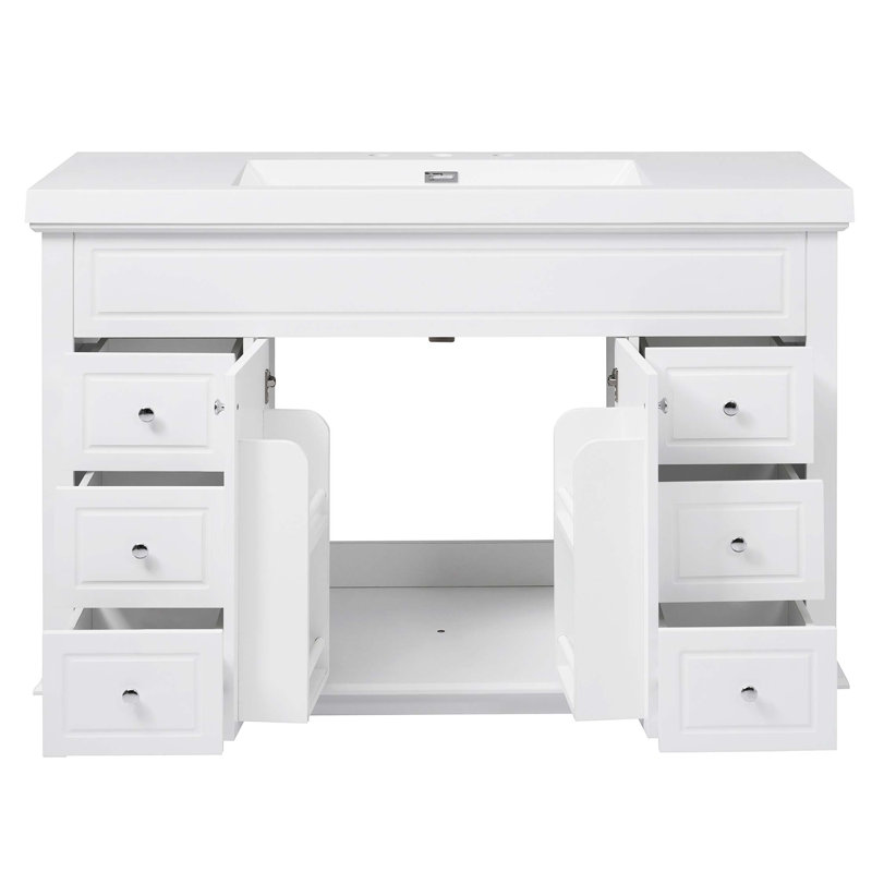 Meuble-lavabo 48 po avec lavabo en résine, 6 tiroirs à fermeture en douceur et portes doubles avec tablettes à 2 niveaux, pieds en pin massif