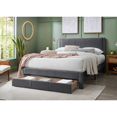 Grand cadre de lit en velours côtelé gris anthracite, lattes en bois, lit double avec tête de lit, gris, pratique