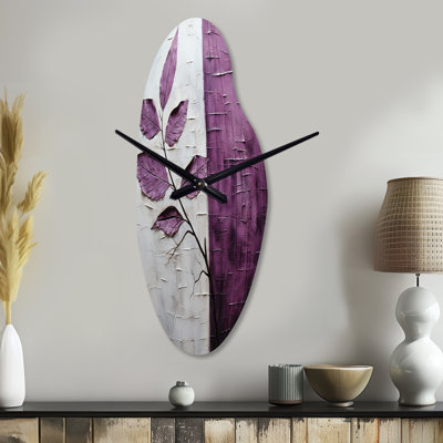 Kouri Purple Leaves Plum Precision - Asymmetrical Leaves Metal Wall Clocks, Freeform Wall Clock Print
