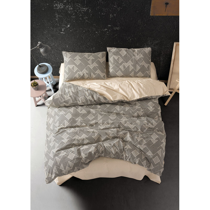 Ranforce King Quilt Cover Set, 100% Cotton, Stone Color | Duvet Cover 94.5 x 86.6 inches & (2) 23.6 x 23.6 inches Pillowcases | Machine Washable, 145 Thread Count, Elegant Pigment Printing, Button Closure