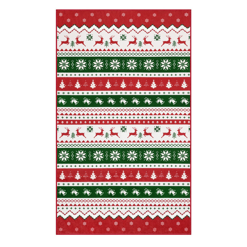 Christmas Party Machine Washable Area Rug Red/White/Green, Round 4'