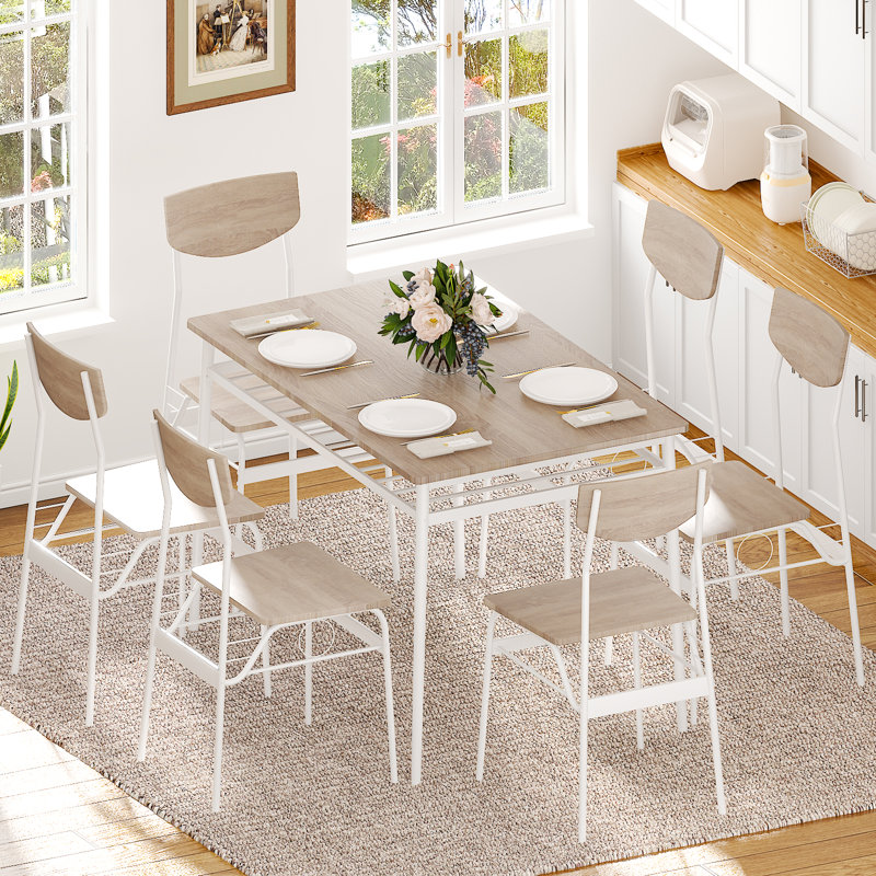 7-Piece Dining Table Set For 6, 43.3'' Kitchen Table And Wood Chairs With Storage And Backrest, Light Brown, White