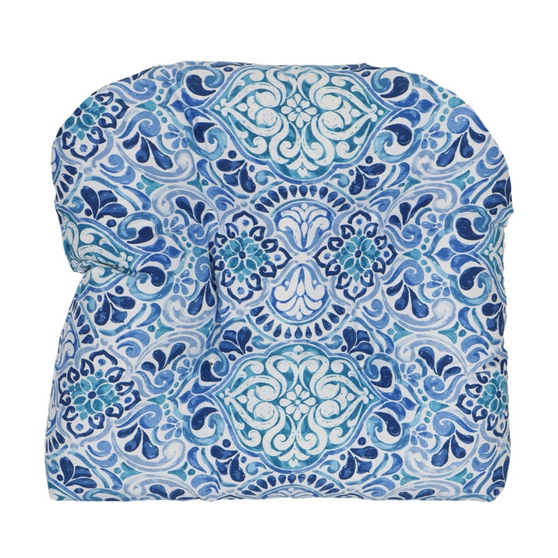 19-Inch Rounded Back Outdoor Chair Cushion, White/Blue/Fiorella Baltic Moroccan