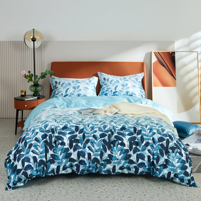 Lunaria 100% Long Staple Cotton Duvet Cover Set Gradient Blue Leaves Printed 3 Piece Comforter Cover Set