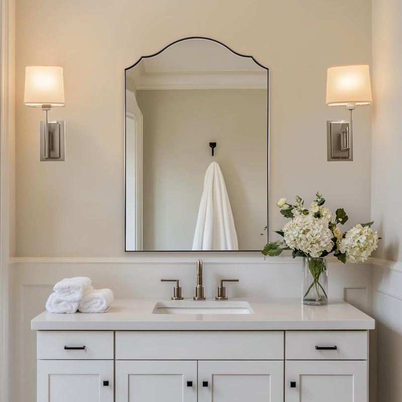 Miroir de salle de bain festonné à arche festonnée avec plateau incurvé | Cadre en acier inoxydable, Nickel brossé
