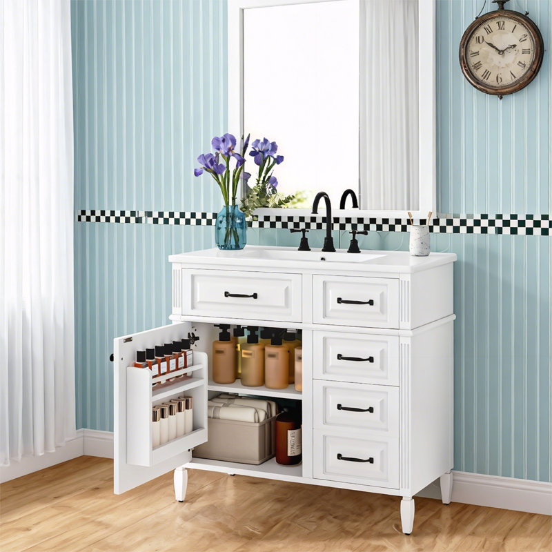 Meuble-lavabo de salle de bain avec comptoir en céramique, Noir, Blanc