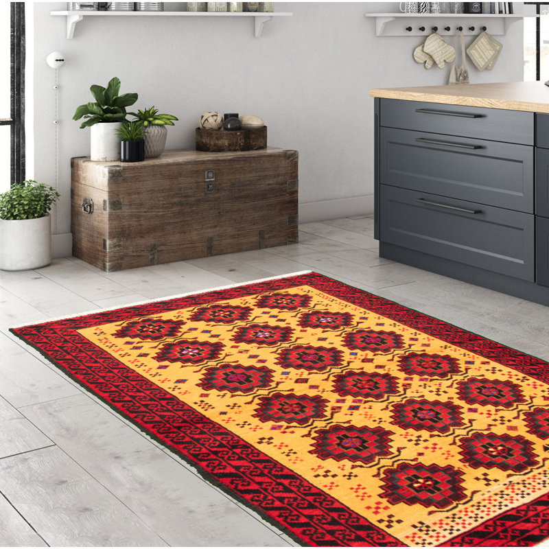 Tapis jaune / rouge / noir en laine noué à la main
