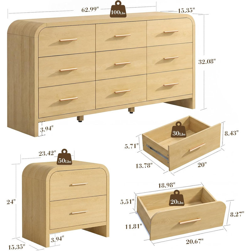 Ensemble de chambre à coucher 3 pièces 9 tiroirs + 2 tables de chevet avec coins arrondis, l 63 po, grande capacité de rangement
