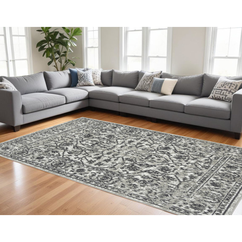 Tapis floral tissé à la machine 9 pi x 12 pi gris et gris foncé