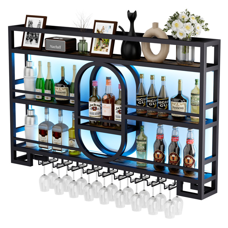 Support à vin à 3 niveaux fixé au mur avec lumière DEL, 17 Wine Bottles, 29,9 po H x 47,4 po L x 5,9 po P