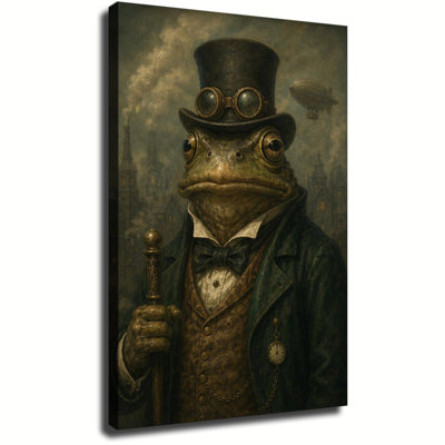 Steampunk Raven Aviator With Goggles And Vintage Clockwork Gear Background Canvas Wall Art