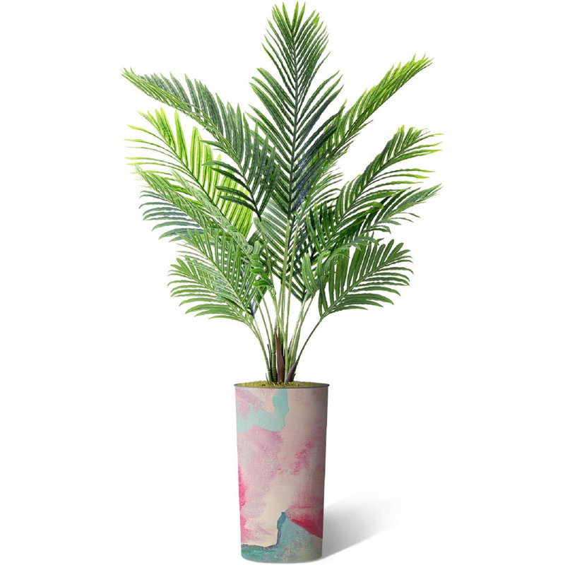 Artificial Tree In Planter, Fake Areca Tropical Palm Silk Tree Home Decoration (Plant Pot Plus Tree), Teal Pink