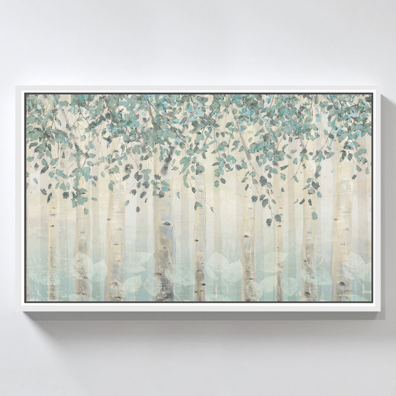 "Dream Forest I Silver Leaves" by James Wiens Print on Canvas in a White Floater Frame, H 31,5 po x l 51,5 po, Blanc