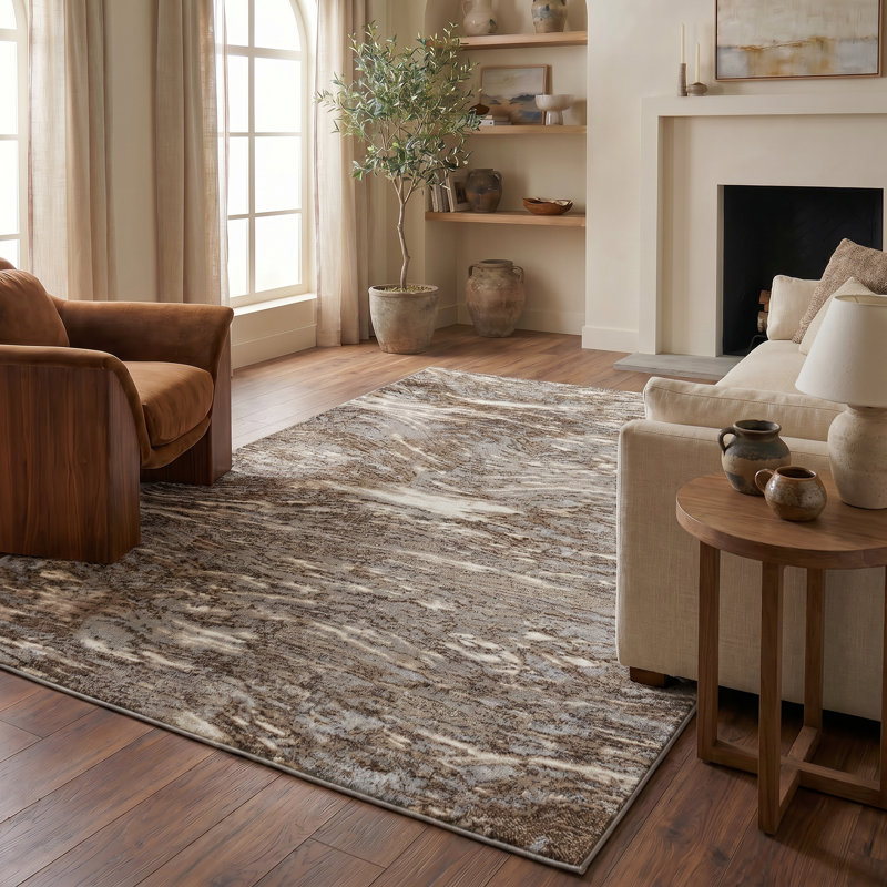 Rug Branch Aarav 7' x 10' (6'7" x 9'6") Brown/Grey Abstract Indoor Area Rug, Contemporary, Low Pile, Stain-Resistant Carpet - Living Room, Bedroom, Dining Room, and Kitchen