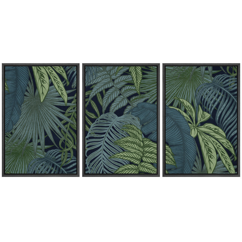 Motif de feuilles tropicales foncées, motif botanique moderne, impression sur toile encadrée, 3 pièces, H 36 po x l 72 po