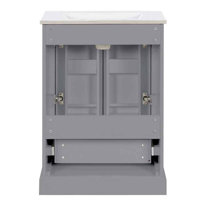 Meuble-lavabo 24 po avec lavabo, armoire en panneau de fibres à densité moyenne avec cadre en bois massif, 1 tiroir divisé et 2 portes à fermeture douce avec double tablette sur la porte, meuble-lavabo autoportant