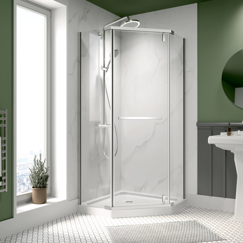 34.75" X 34.75" X 72" Corner Shower Enclosure, Frameless Pivot Shower Door with 1/4" Clear Tempered Glass & Explosion-Proof Film & Nano Coating, Chrome Finish, Include Shower Base & Reversible Installation