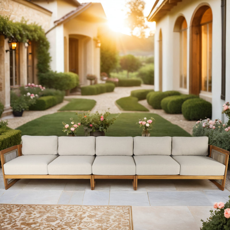 Canapé modulaire d'extérieur en bois d'acacia avec coussins crème Guzal