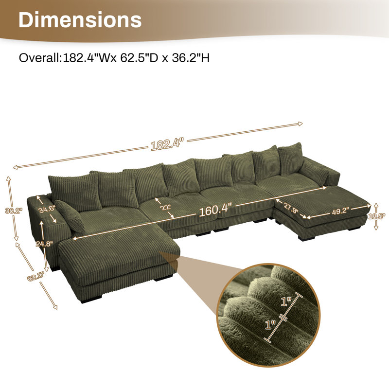 Canapé modulaire en velours côtelé à compression 182,4 po avec 2 repose-pieds 182,4 po, Vert