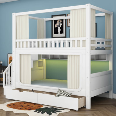 Lit superposé avec rideaux d'intimité, lumières DEL sous le lit, lit superposé en bois avec escalier de rangement et tiroirs