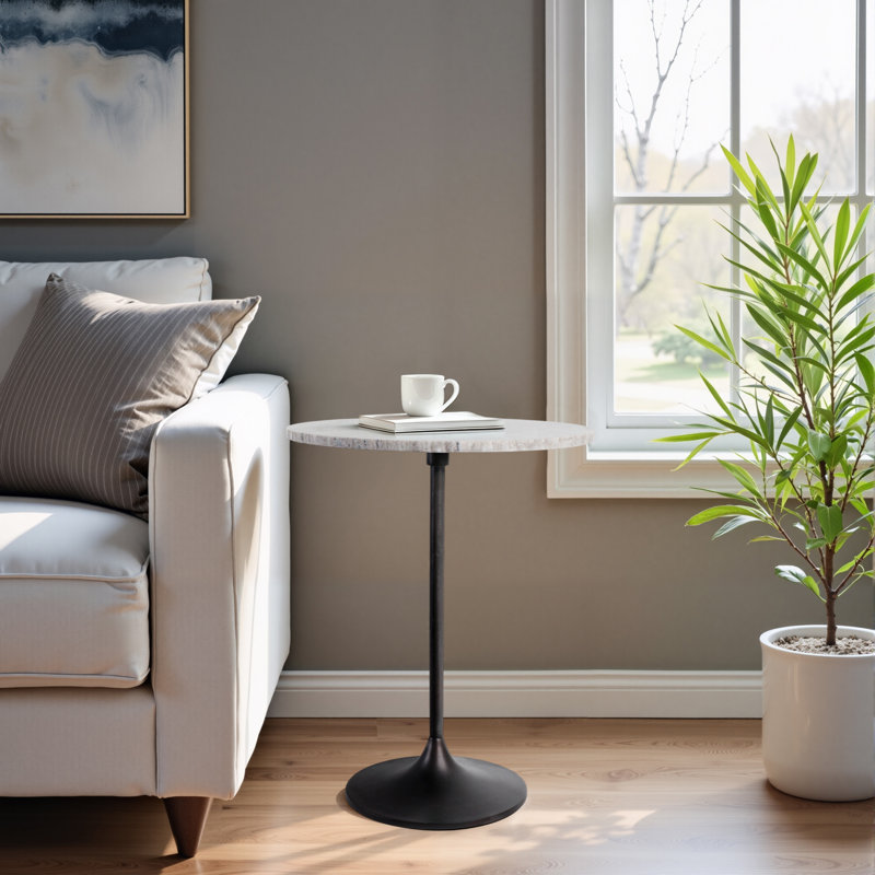 Metal and Marble Accent Table - Round Modern Side Table with Sturdy Metal Base and Sleek Marble Top - Contemporary Decorative End Table for Stylish Interiors.